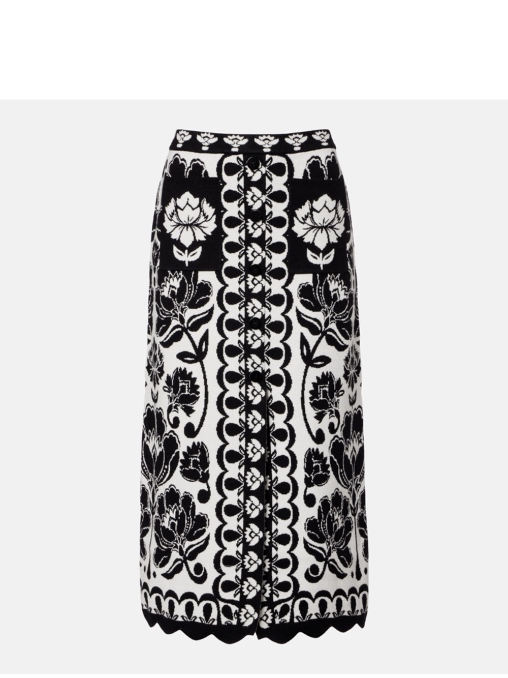 FARM Rio Black and White Floral Knit Midi Skirt